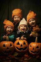 un illustrazione di bambini indossare un' Halloween costume , ai generato foto