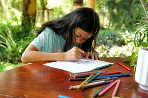 asiatico ragazze siamo contento per disegnare loro immaginazioni e dipingere con pastelli nel loro scorta tempo a casa durante scuola vacanze. morbido e selettivo messa a fuoco. foto