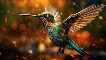 colibrì perching su ramo, Ali differenza, vivace colori illuminato generato di ai foto