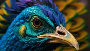 maestoso pavone visualizzazione vivace colori nel un' foresta, travolgente uccello Guardando generato di ai foto