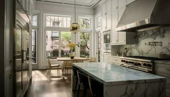 moderno cucina con lusso elettrodomestici, elegante legna armadietti, e marmo pavimentazione generato di ai foto