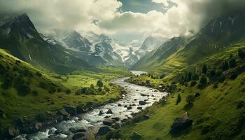 maestoso montagna picco riflette nel tranquillo acqua, circondato di verde prato generato di ai foto