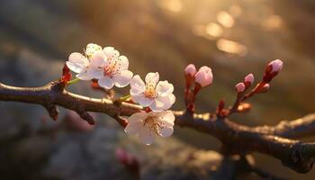 natura bellezza nel primavera fioritura ciliegia albero, fresco rosa petali generato di ai foto