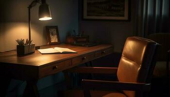 confortevole sedia, illuminato scrivania, libreria, moderno casa ufficio, vecchio stile arredamento generato di ai foto