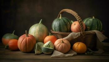 zucca autunno di ottobre, stagione, decorazione, verdura, zucca, legna generato di ai foto