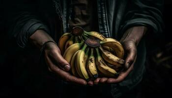 un' uomo mano Tenere un' fresco, maturo Banana, un' salutare merenda generato di ai foto