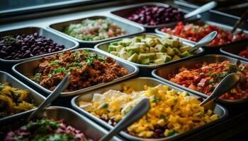 abbondanza di fresco frutta e verdure su tavolo generato di ai foto