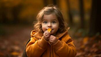 carino bambino piccolo giocando nel autunno foresta bellezza generato di ai foto