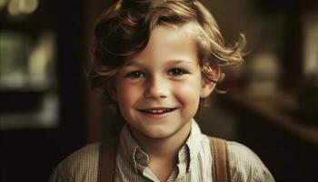 sorridente caucasico ragazzo, ritratto di infanzia felicità generato di ai foto