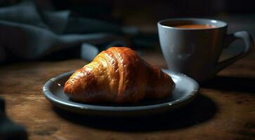 fresco brioche e caffè su rustico di legno tavolo generato di ai foto