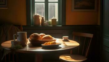 rustico brioche e caffè su di legno piatto generato di ai foto