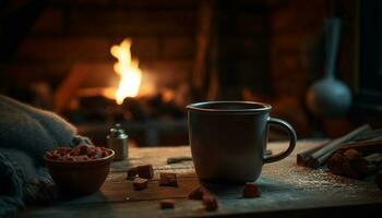 caldo cioccolato riscalda su accogliente inverno notti in casa generato di ai foto