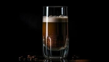 schiumoso birra bicchiere riflette buio pub tavolo generato di ai foto
