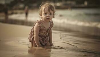 sorridente bambino ragazza gode estate giorno a spiaggia generato di ai foto