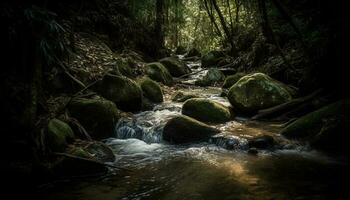 tranquillo scena di fluente acqua nel foresta generato di ai foto