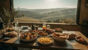 fresco frutta e pane su rustico tavolo generato di ai foto