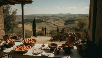 rustico uomini azienda agricola fresco cibo, godere vino generato di ai foto