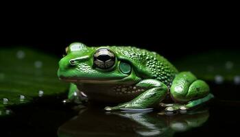 verde con gli occhi rospo seduta su bagnato foglia generato di ai foto