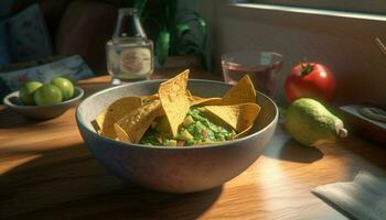 fresco guacamole tuffo su di legno tavolo con tortilla patatine fritte generato di ai foto