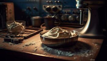 preparazione fatti in casa dolce dolce nel rustico cucina generato di ai foto