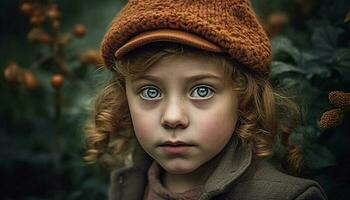 carino caucasico bambino piccolo sorridente nel autunno foresta generato di ai foto