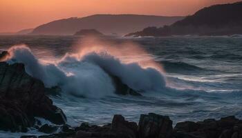 sole spray spruzzi su roccioso costa a crepuscolo generato di ai foto