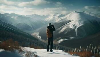 caucasico uomini escursioni a piedi montagna picco nel inverno generato di ai foto