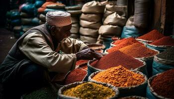 indiano venditore vendita spezie nel africano mercato generato di ai foto