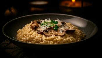 salutare risotto pasto con commestibile funghi e prezzemolo generato di ai foto