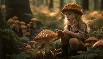 sorridente ragazze raccolta piccolo commestibile funghi nel foresta generato di ai foto