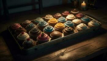 appena al forno buongustaio cioccolato cupcakes su rustico vassoio generato di ai foto