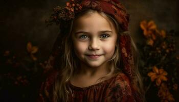 carino caucasico ragazza sorridente, godendo autunno natura generato di ai foto