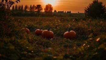 raccolta zucche nel spaventoso autunno azienda agricola scena generato di ai foto