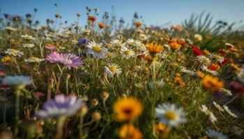 vivace camomilla fiorire nel illuminata dal sole prato generato di ai foto