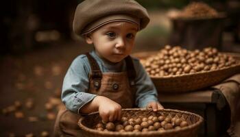 sorridente bambino piccolo detiene fresco frutta nel cestino generato di ai foto