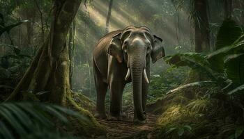 grande elefante a piedi attraverso lussureggiante tropicale foresta generato di ai foto