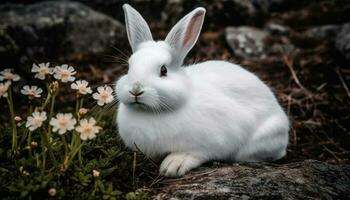 soffice bambino coniglio seduta nel verde prato generato di ai foto