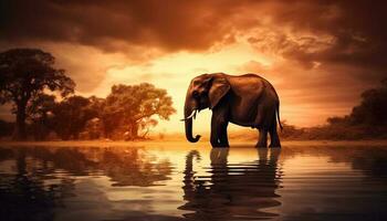 africano elefante a crepuscolo, tranquillo riflessione scena generato di ai foto