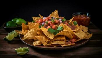 speziato guacamole tuffo su croccante tortilla patatine fritte generato di ai foto