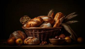 un' rustico cestino di fresco al forno pane generato di ai foto