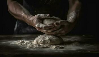 mano impasto fresco Impasto su rustico di legno tavolo generato di ai foto