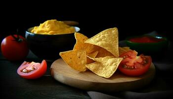 fresco guacamole e pomodoro tuffo su croccante tortilla patatine fritte generato di ai foto