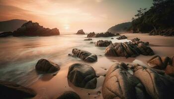 Alba al di sopra di tranquillo paesaggio marino, un' naturale bellezza generato di ai foto