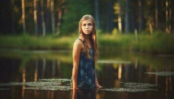 un' giovane donna bellezza riflette nel natura la tranquillità generato di ai foto