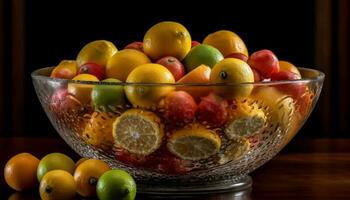 fresco frutta ciotola arancia, Limone, lime, uva generato di ai foto
