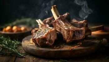 succoso tomahawk bistecca grigliato per perfezione, pronto per mangiare generato di ai foto