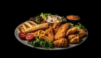 grigliato pollo e patatine fritte, un' buongustaio pranzo generato di ai foto