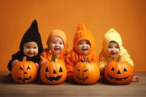 un illustrazione di bambini indossare un' Halloween costume , ai generato foto