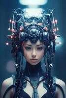 illustrazione di un' cyborg donna e ai tecnologia sfondo , ai generato foto