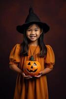 un illustrazione di bambini indossare un' Halloween costume , ai generato foto